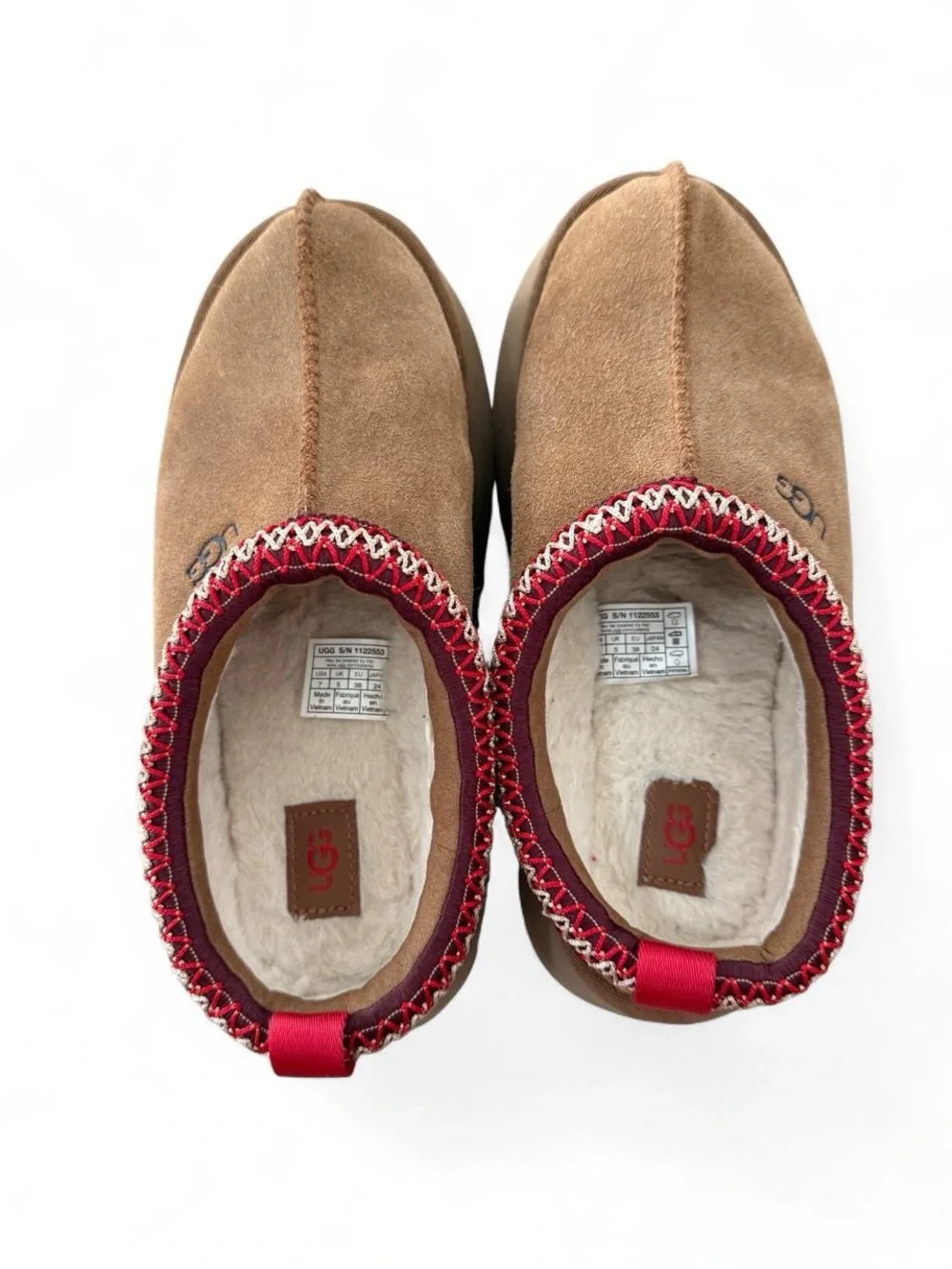 UGG Chestnut Suede Slip-On Slippers with Red Trim